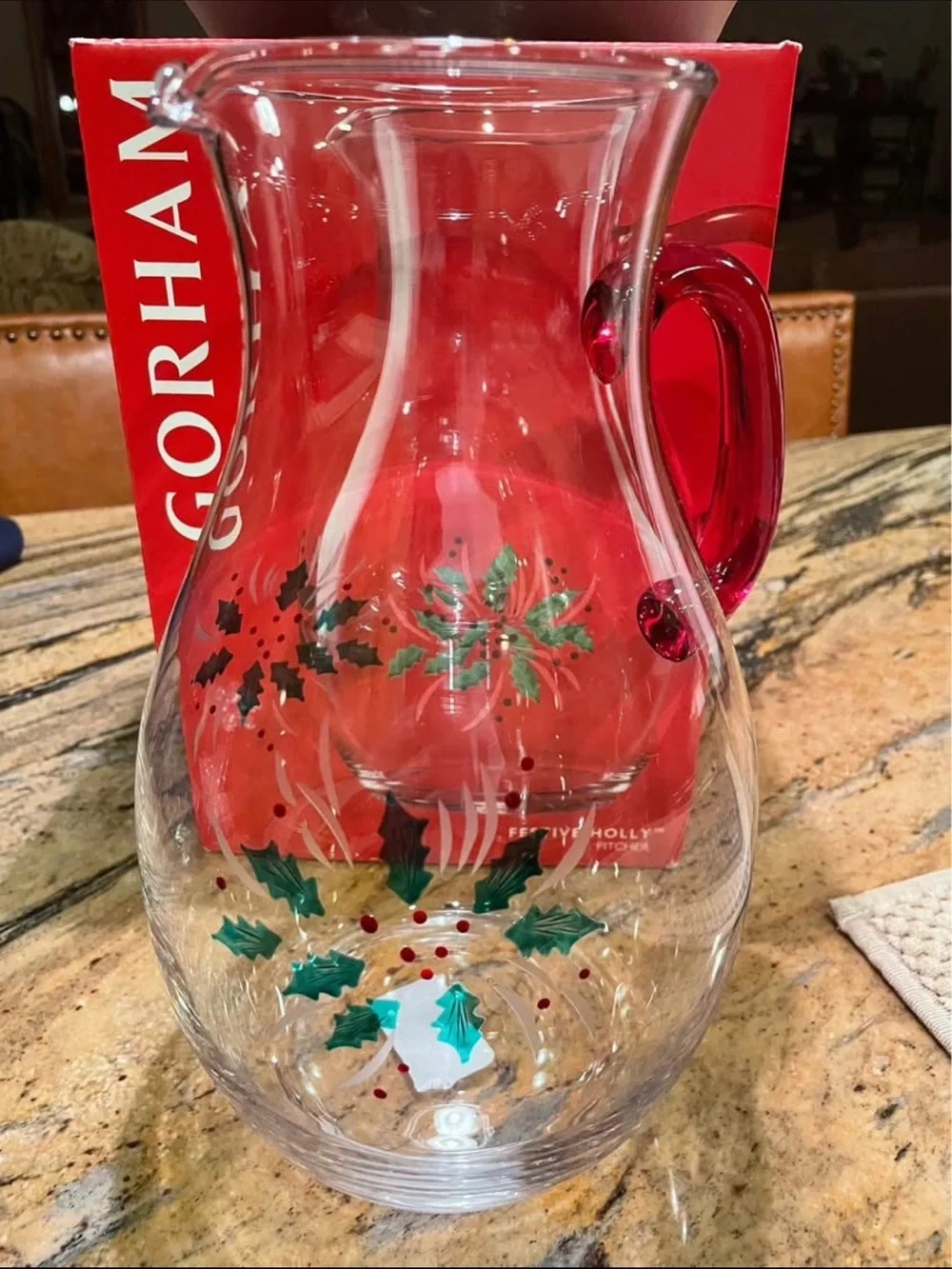 Gorham Glass Holiday Pitcher with Holly Motif - Red Handle